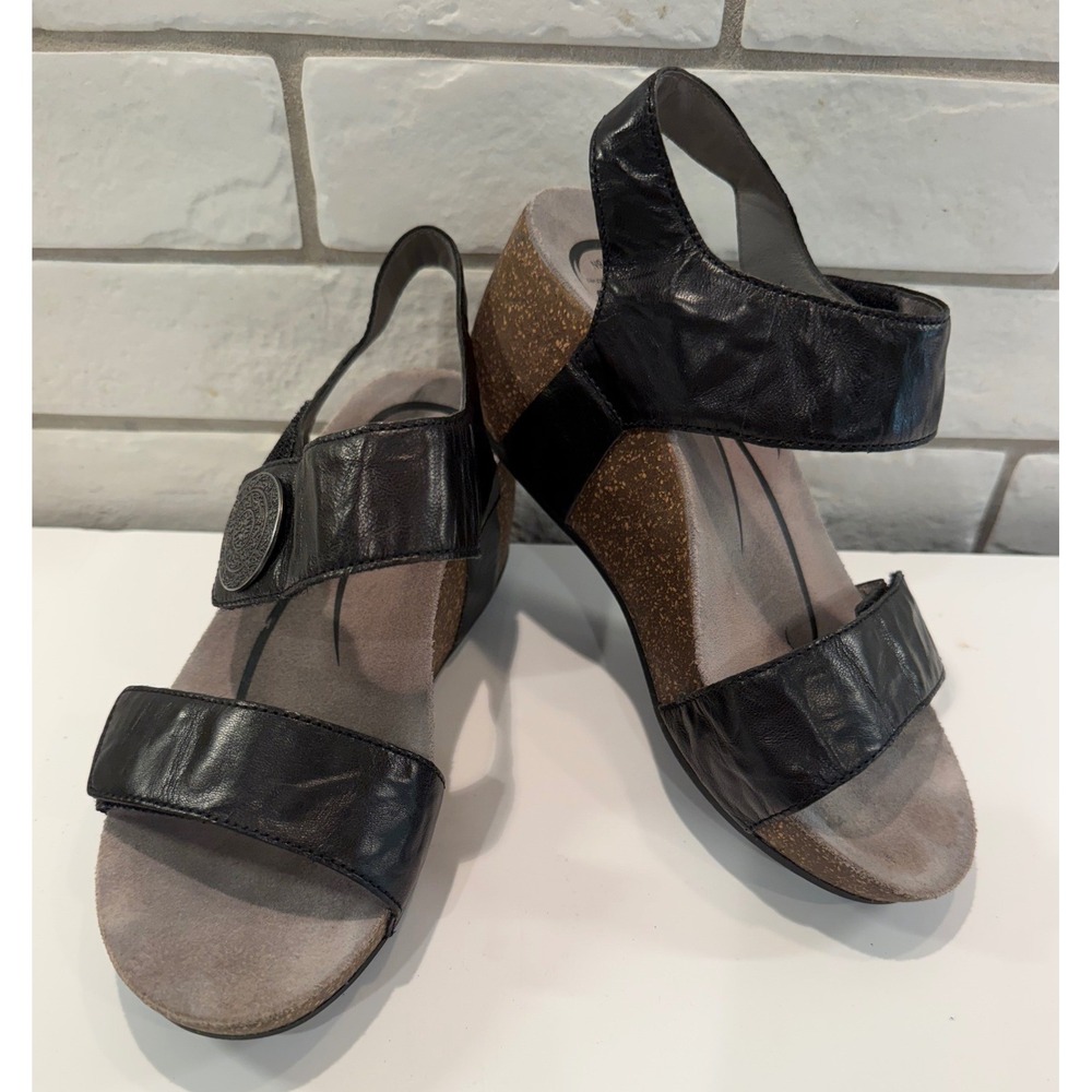 Abeo Una Wedge Sandals Womens 6N Black Leather Orthotic Cork Heel 9790 Boho